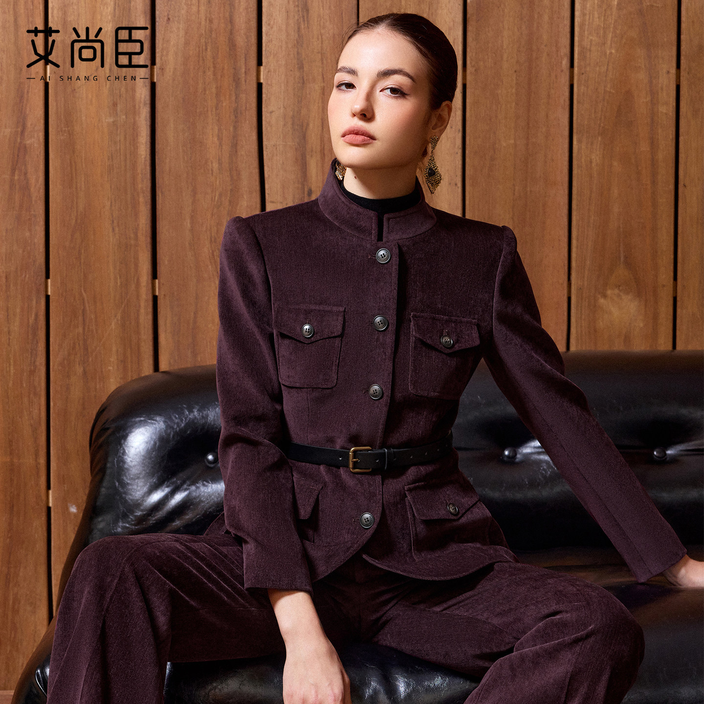 艾尚臣老钱风立领西装套装女冬季收腰职业装通勤西服两件套高级感