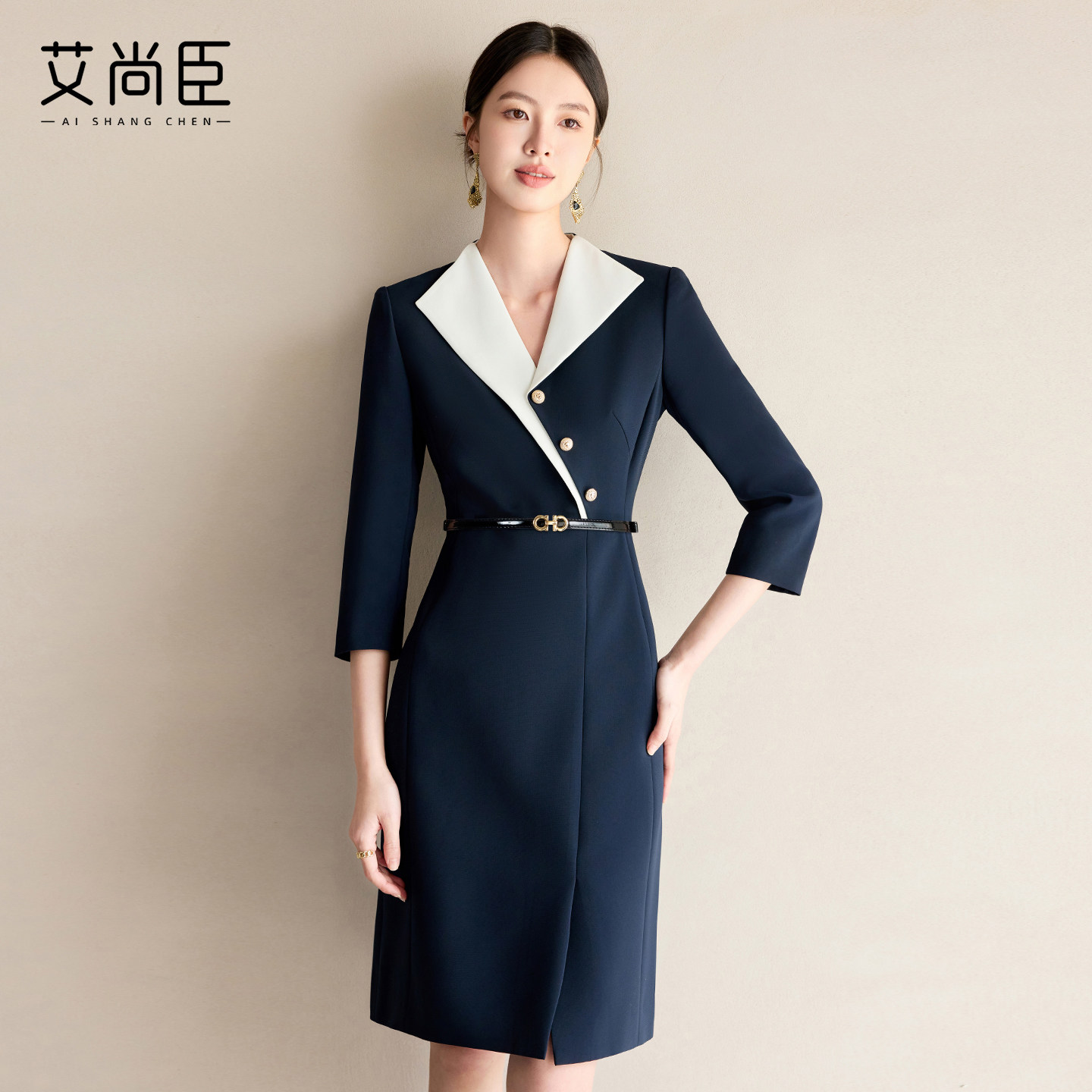 艾尚臣藏青色西装连衣裙高级感气质V领轻熟风连衣裙通勤职场正装