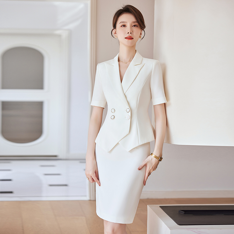工作服职业气质高级感夏季套装女珠宝店酒店前台白色短袖西装外套