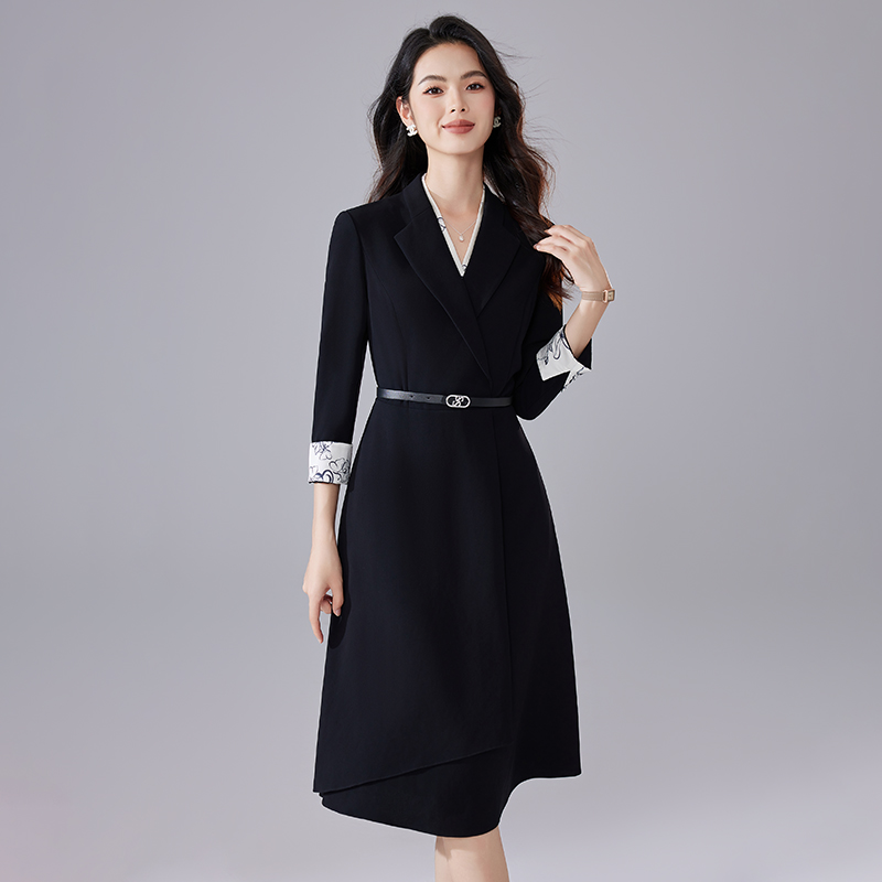 黑色九分袖连衣裙女气质优雅中长款通勤拼接设计职业西装裙