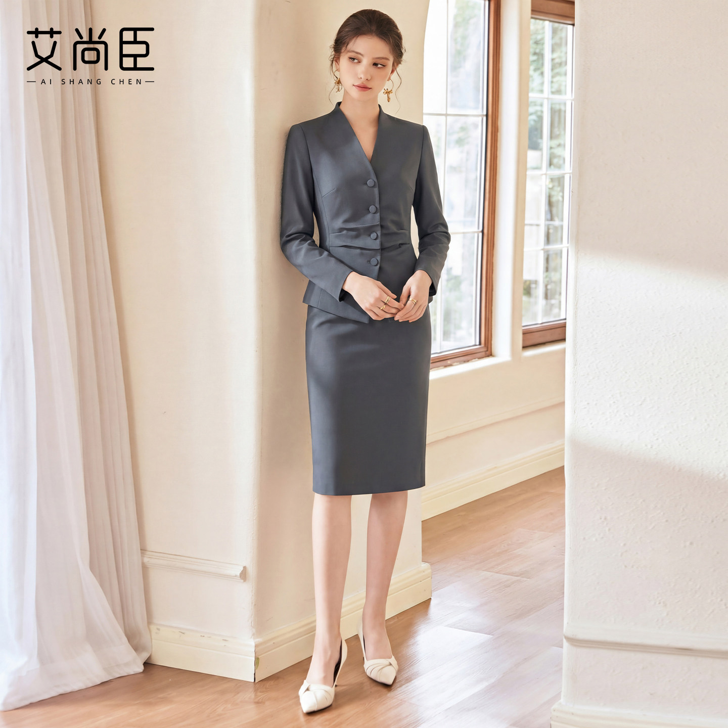 艾尚臣灰色西装套装女长袖职业装显瘦两件套OL通勤职场商务穿搭春