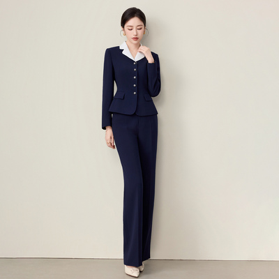 钟老板2025新款藏青色拼接领西装套装女气质西服正装职业装两件套