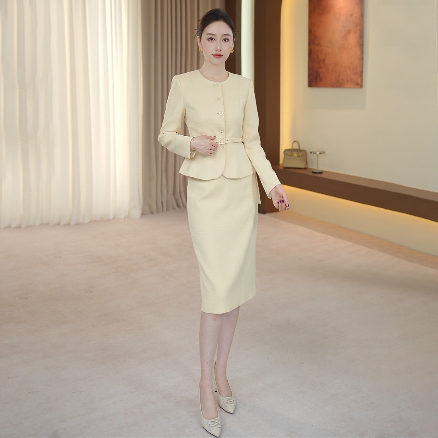 钟老板 戚风黄小香风西装外套半身裙套装女2026春季新款职业正装