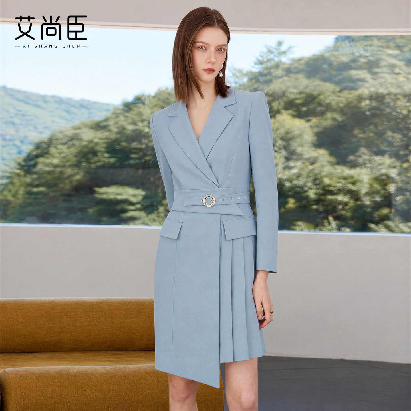 艾尚臣高端蓝色长袖西装连衣裙女高级感职业装商务正装轻熟优雅风