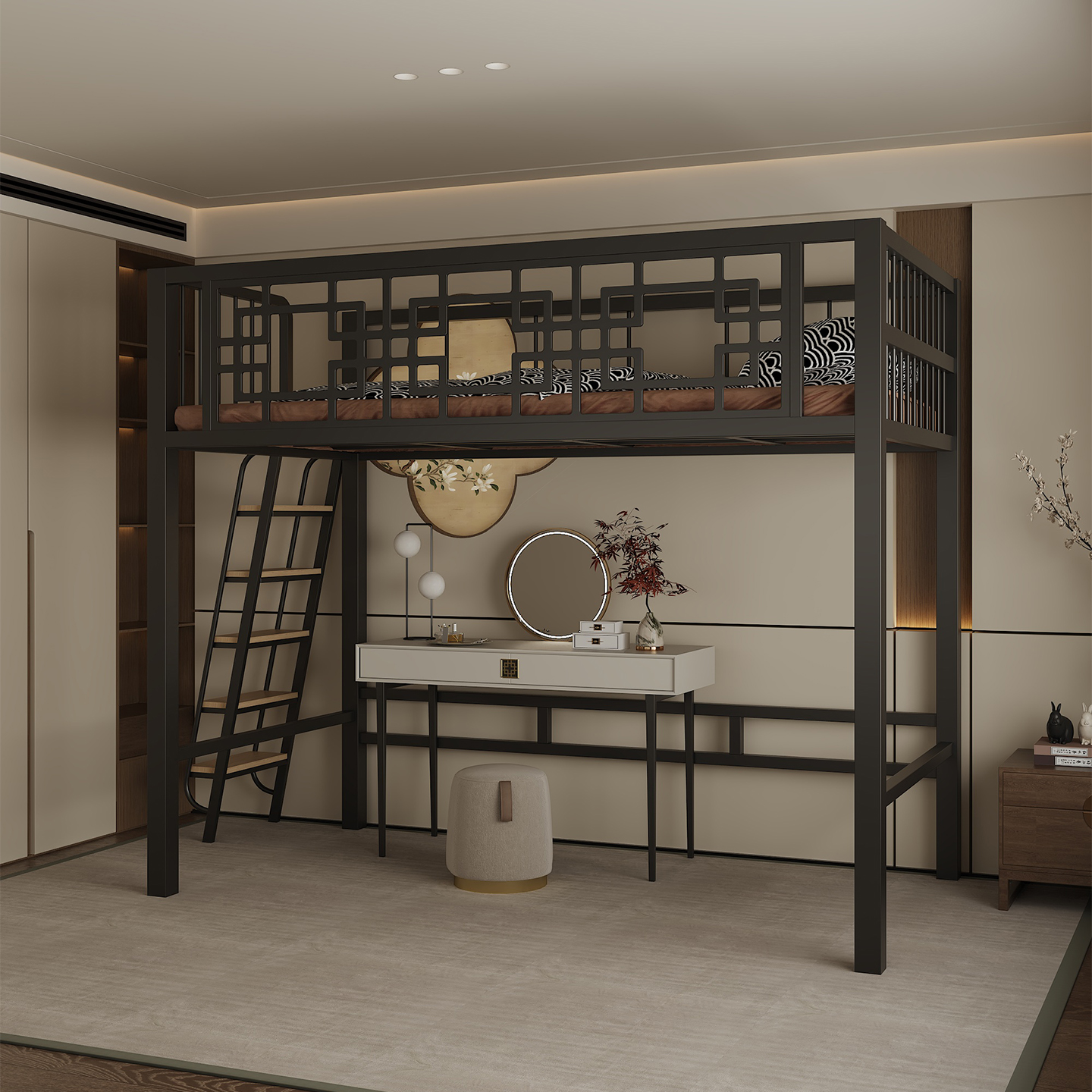 铁艺高架床单上层复式二楼床省空间上床下桌高低床步梯阁楼床定制