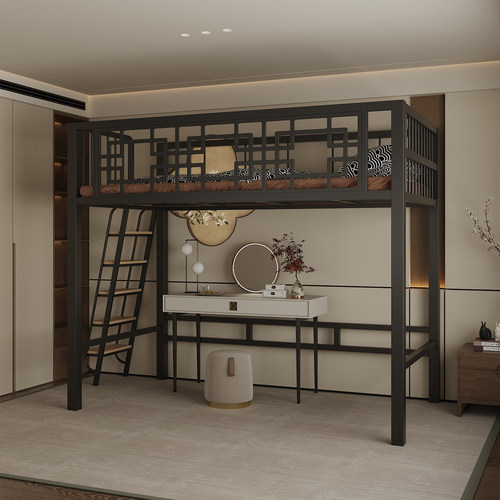 铁艺高架床单上层复式二楼床省空间上床下桌高低床步梯阁楼床定制