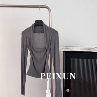 羊毛天丝修身性感假两件袖套针织打底上衣女 单依纯同款上衣