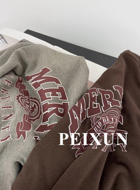 美式复古小众巨软糯高弹定织长绒棉做旧字母印花长袖打底t恤2色