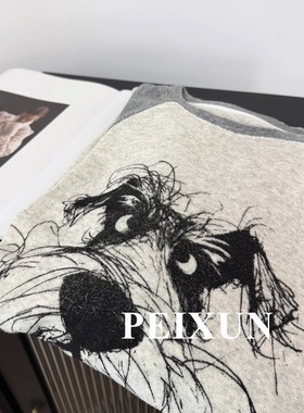 25春新 潦草雪纳瑞原创印花设计感显瘦撞色插肩袖毛巾棉T恤上衣女