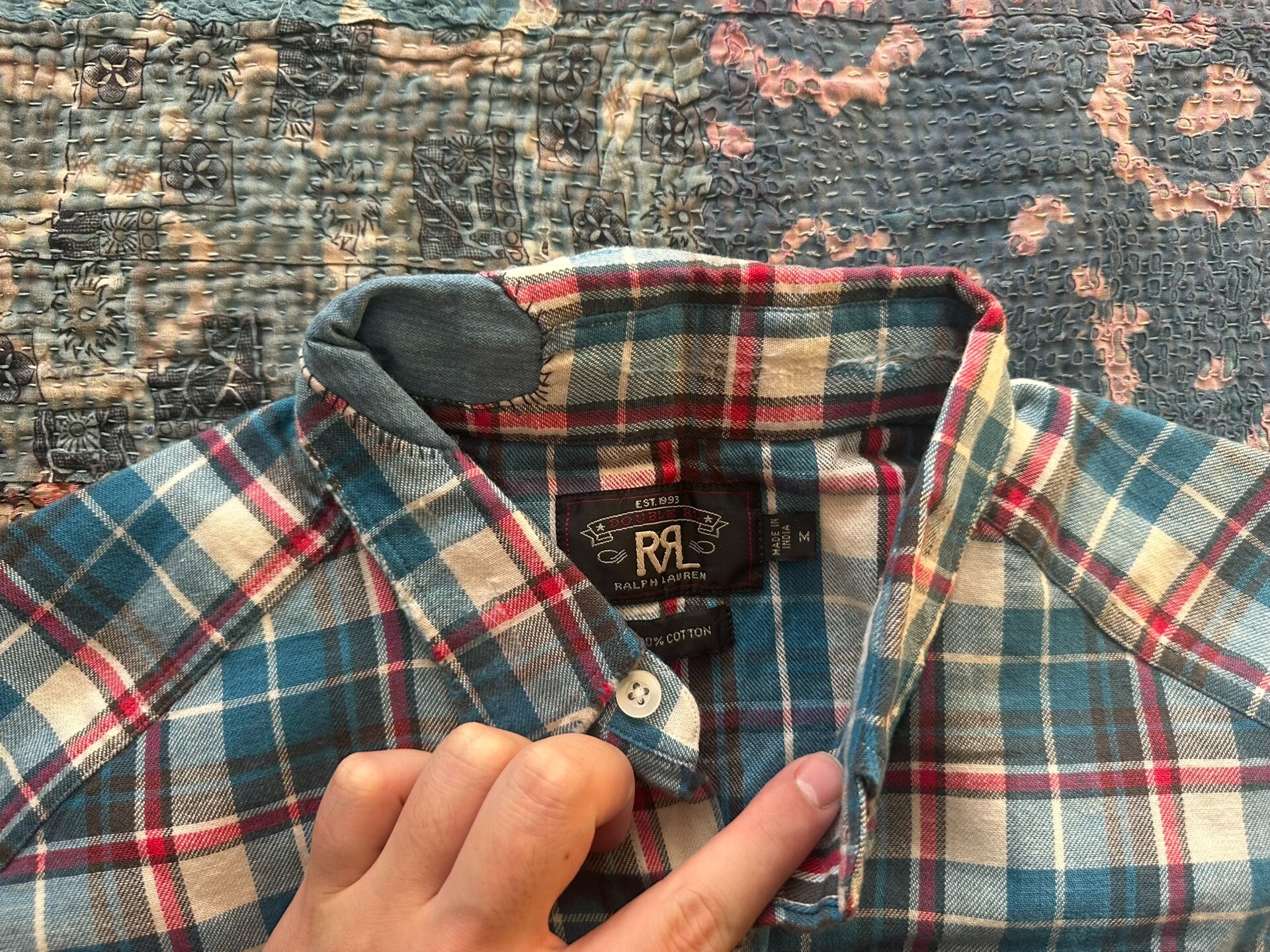 RRL Plaid Workwear Shirt with Elbow Patches — detail
