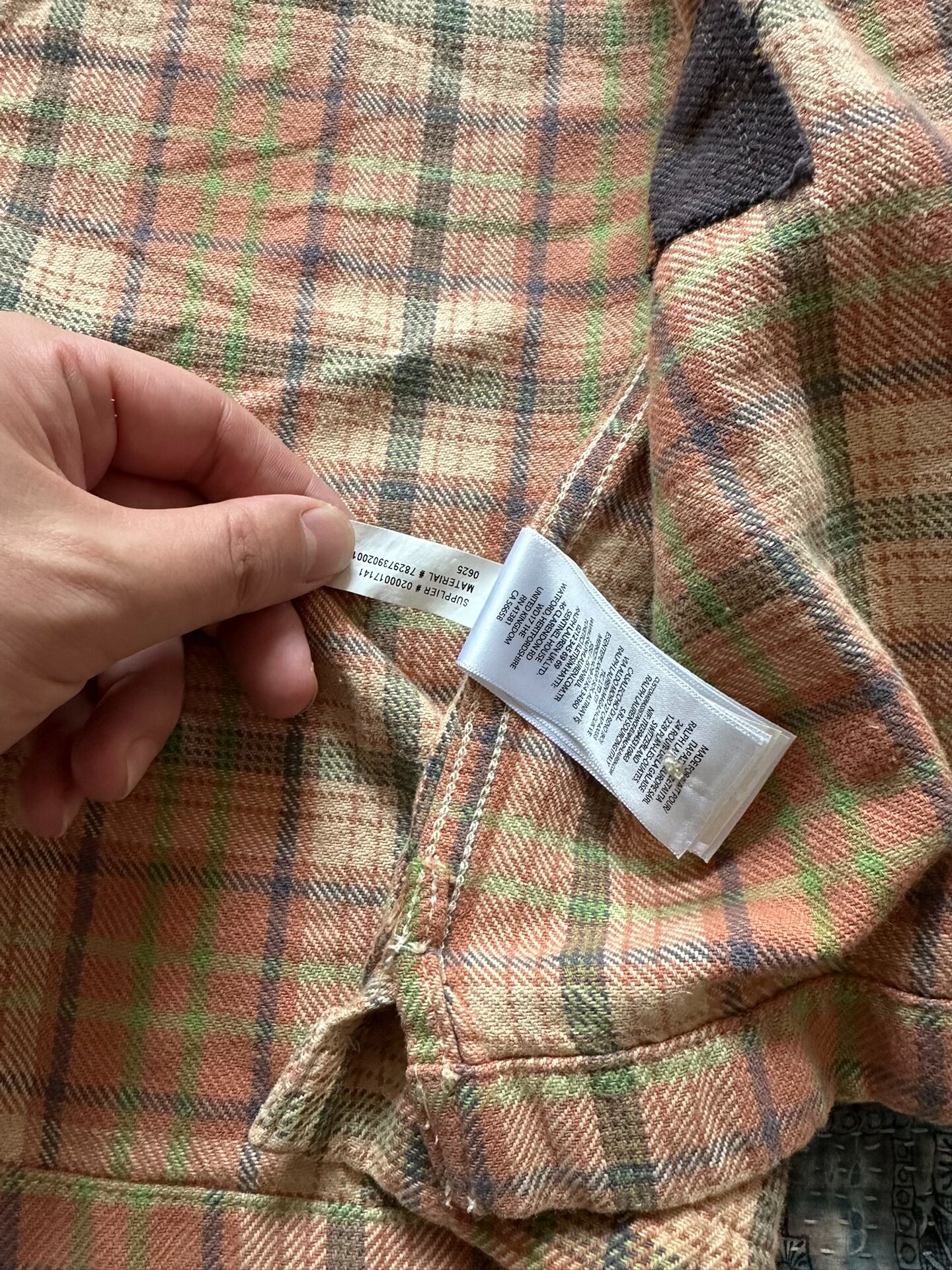 RRL Distressed Patch Plaid Shirt — label