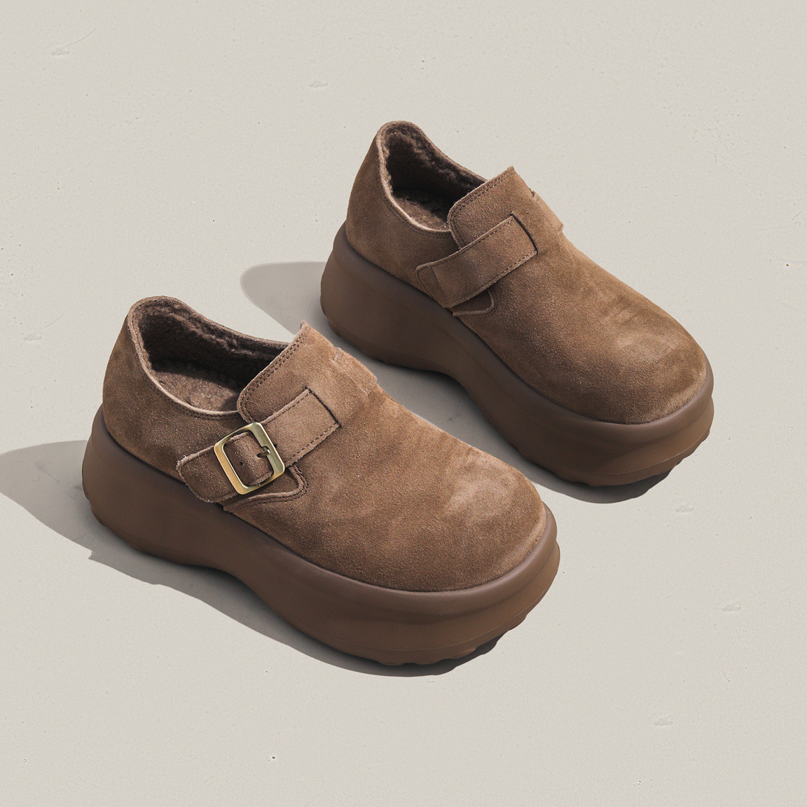 周周推荐~厚底加绒勃肯鞋女2025冬季新款全包复古松糕休闲棉鞋