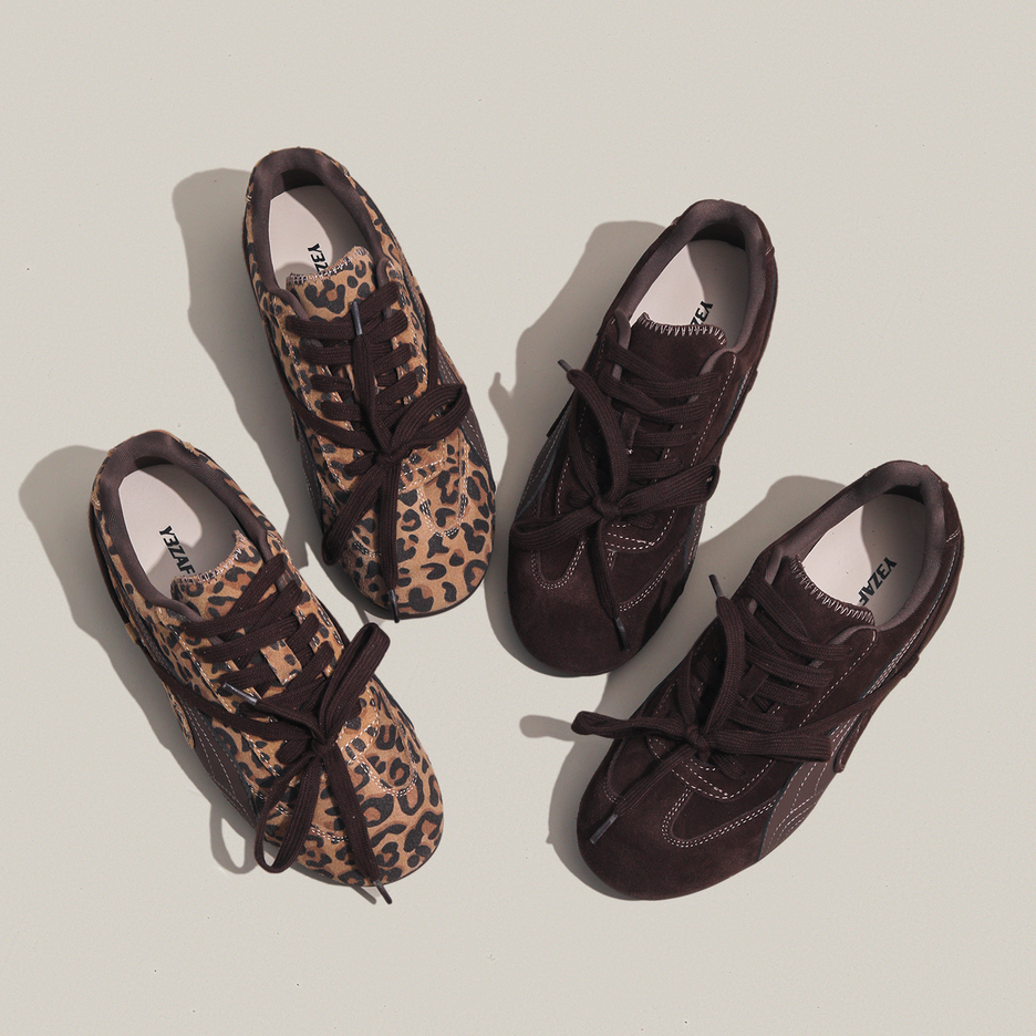 周周推荐~2025秋季新款真皮豹纹德训鞋女百搭休闲厚底运动板鞋子