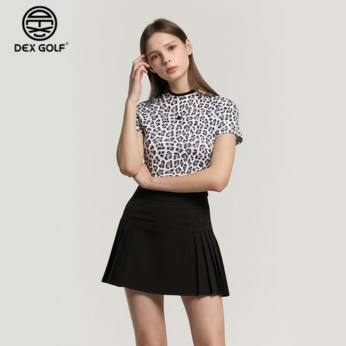 DEX GOLF高尔夫服装女士春夏新款豹纹短袖上衣女修身收腰运动T恤