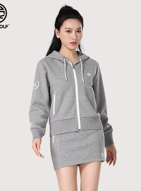 DEXGOLF韩国高尔夫服装女士秋冬灰色学院风高级复古连帽衫+裙套装
