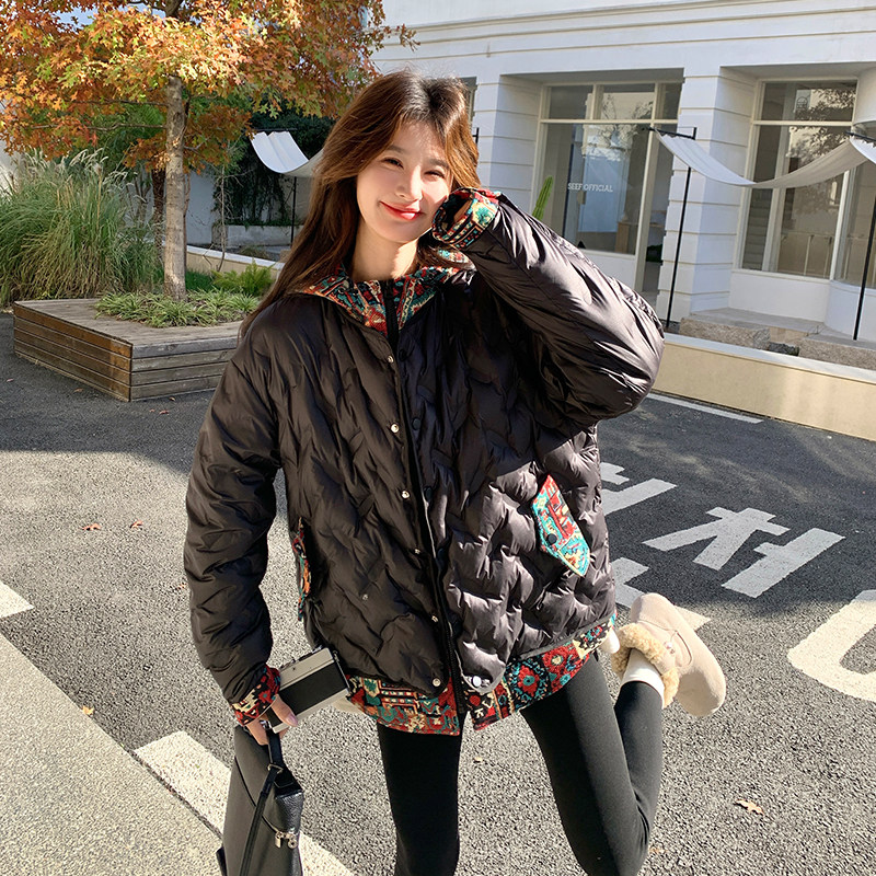 民族风撞色假两件连帽羽绒服女2025冬季新款设计感短款白鸭绒外套,女装羽绒服,2C186