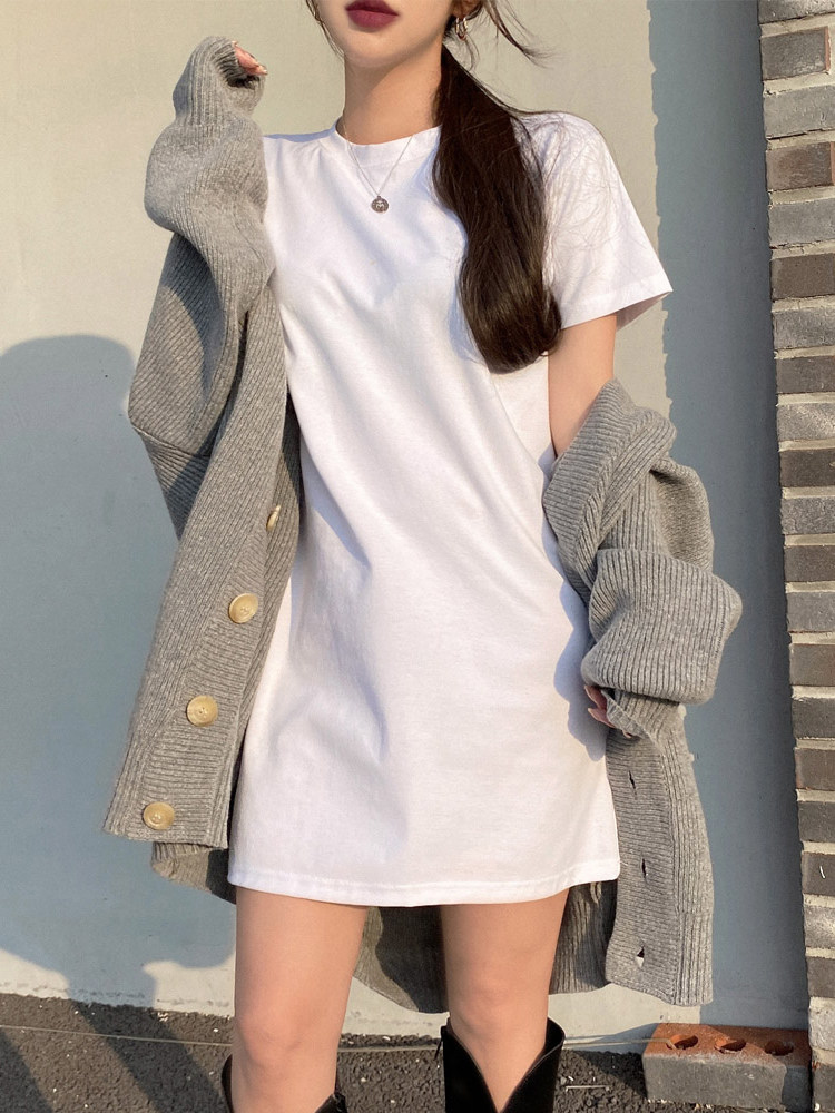 白色圆领短袖中长款T恤女上衣显瘦心机短裙打底衫纯棉连衣裙体恤