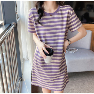 夏季中长款条纹T恤裙女2025新款直筒宽松遮肚子短袖小个子连衣裙