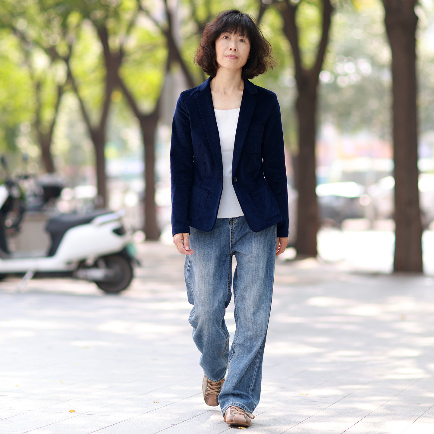 深蓝纯棉灯芯绒纹修身西装外套女