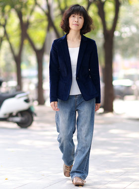 深蓝纯棉灯芯绒纹修身西装外套女