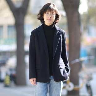 藏蓝色针织羊毛西装无垫肩正肩外套女抗皱修身休闲通勤毛呢西服