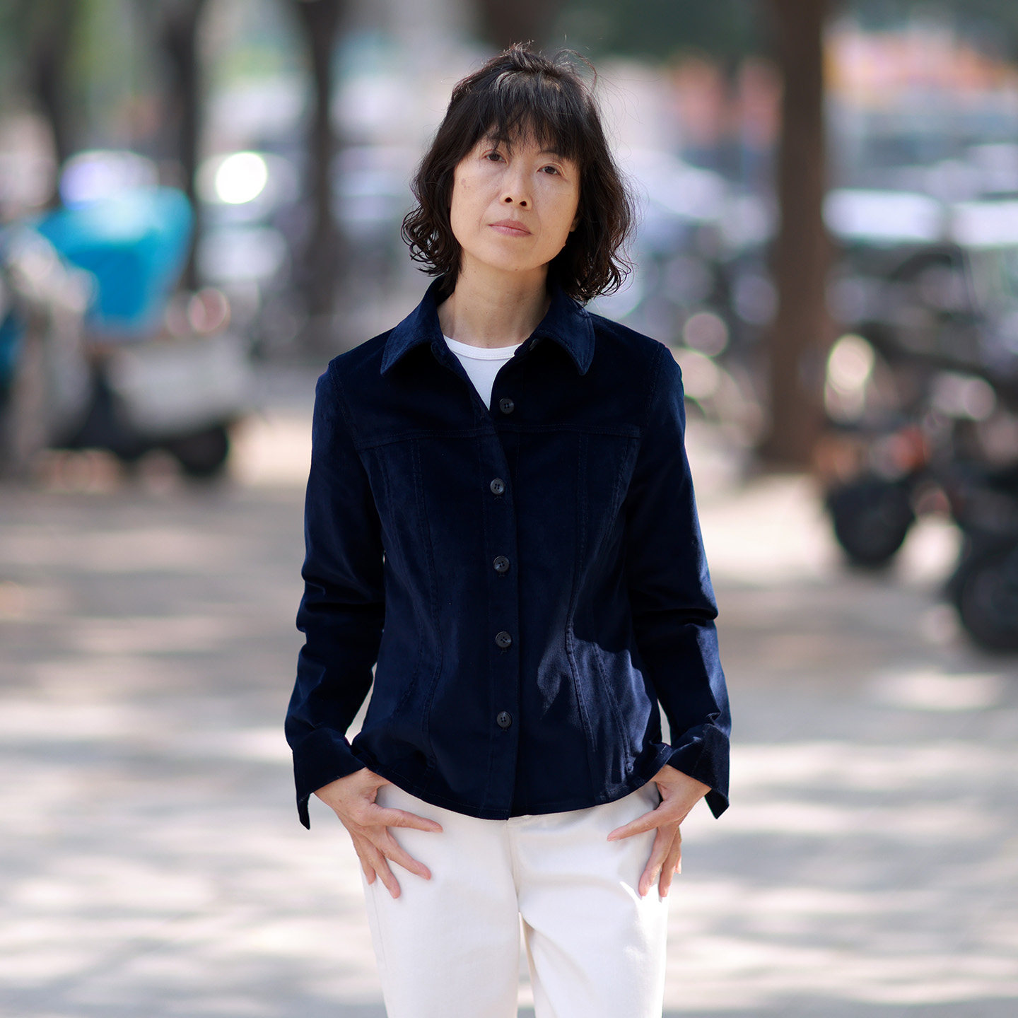 通勤深蓝修身收腰短衬衣女
