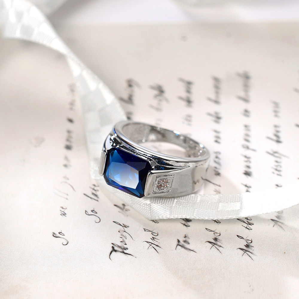 铂金男士宽版戒指 镶坦桑蓝宝石潮男长方形彩宝 个性时尚霸气男戒