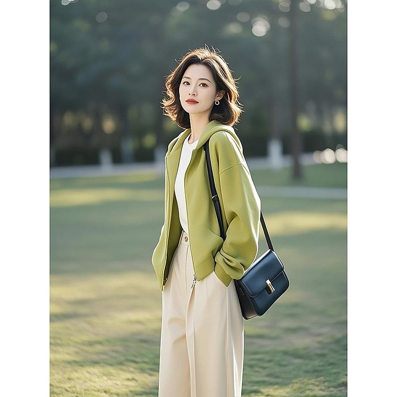 绿色卫衣连帽卫衣外套春秋女款2025新款时尚宽松开衫长袖外搭上衣