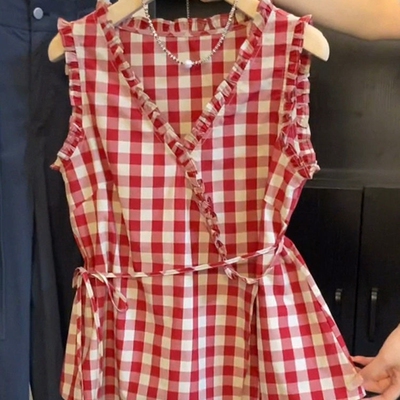 法式复古红色格子无袖背心女夏季