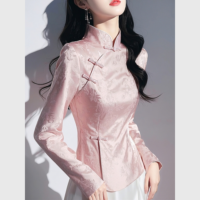 新中式国风粉色提花缎面衬衫2025早春女装复古盘扣收腰上衣女,女装/女士精品,短外套,淘宝优惠券,粉丝福利购,淘宝优惠卷