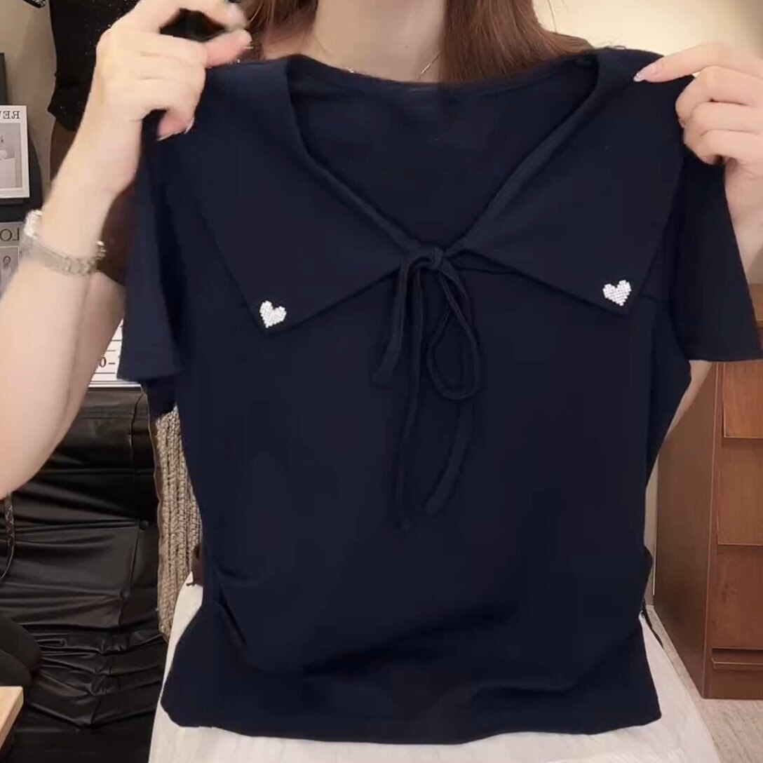 休闲娃娃领拼接短袖纯色系卫衣夏季新款大码女装显瘦遮肉宽松上衣