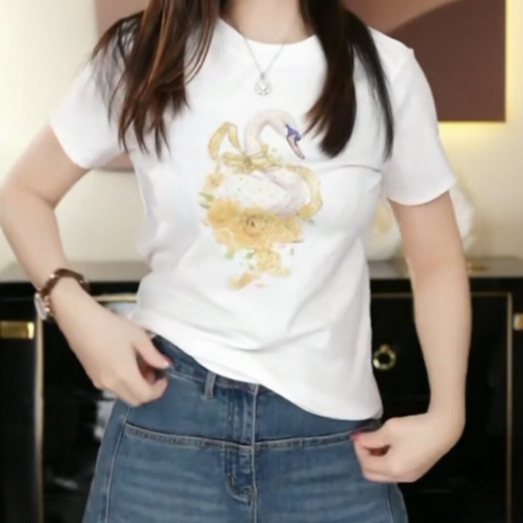 2025夏季新款重工天鹅图案圆领短袖T恤女宽松显瘦气质打底衫上衣图片