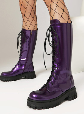 欧美外贸学院皮靴厚底高筒靴女系带马丁靴红色紫色靴子大码鞋 HTM