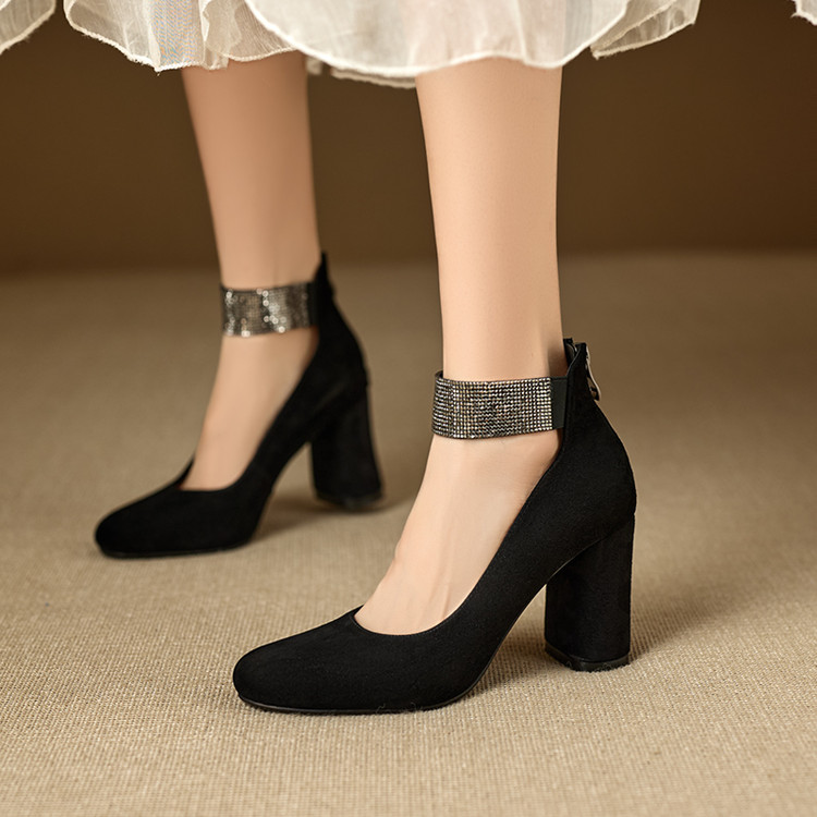 春秋磨砂绒面真皮女鞋粗跟高跟单鞋女玛丽珍鞋走秀职业工作鞋SLLM