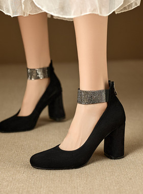 春秋磨砂绒面真皮女鞋粗跟高跟单鞋女玛丽珍鞋走秀职业工作鞋SLLM