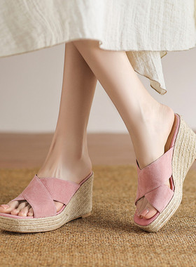 夏季新款坡跟高跟凉拖鞋外穿草编交叉厚底增高女鞋杏色粉红色 SWN