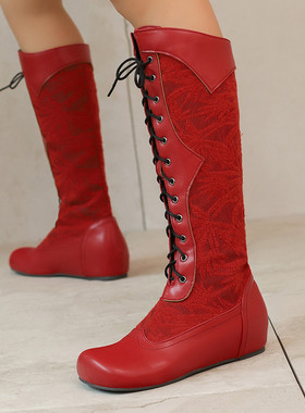外贸皮靴内增高中跟高筒女系带白色红色绿色紫色靴子表演大码 LJC