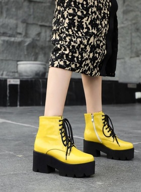 漆皮亮皮系带松糕厚底马丁靴高跟短靴黄色紫色靴子大码女靴 MTH