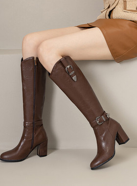 秋冬皮靴圆头鞋子粗跟高跟高筒靴女骑士靴绿色棕色靴子大码鞋YGP