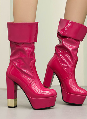 外贸超高跟防水台粗跟中筒女红色白色玫红色走秀表演舞鞋大码 YLL