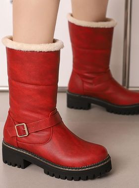 冬款皮靴浅灰色蓝色红色靴子平底雪地靴棉靴毛靴厚绒学生鞋大码XH