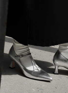 2025年新款银色真皮鞋小尖头粗跟高跟单鞋女丁字鞋职业工作鞋 JQQ