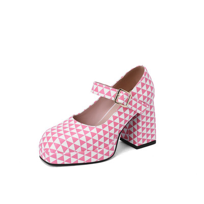 2025年格子鞋子防水台粗跟高跟单鞋女绿色粉红色玛丽珍鞋大码鞋FF