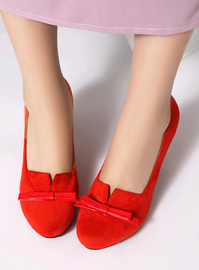 蝴蝶结春秋粗跟高跟单鞋女绒面红色鞋子婚鞋新娘鞋法式大码鞋 ZXG