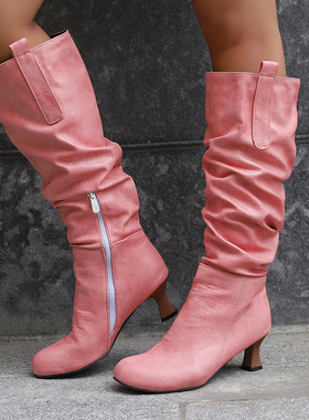 外贸秋冬皮靴中跟高筒靴女牛仔布蓝色酒红色白色粉红色大码鞋 LJC