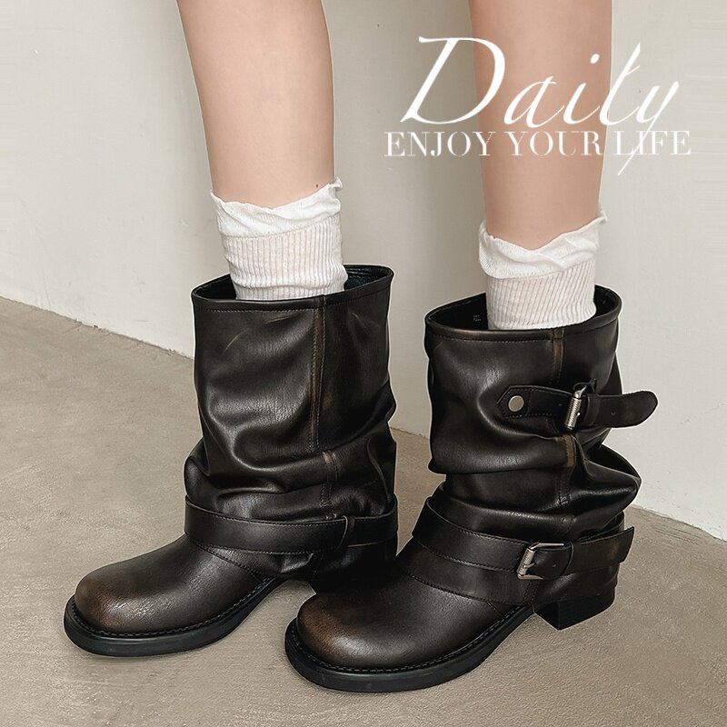 欧美风中跟短筒机车靴女棕色粗跟圆头骑士靴堆堆靴短筒真皮女靴YD