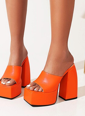 凉拖性感厚底皮拖防水台粗跟高跟拖鞋女白色桔色黄色绿色大码 HC