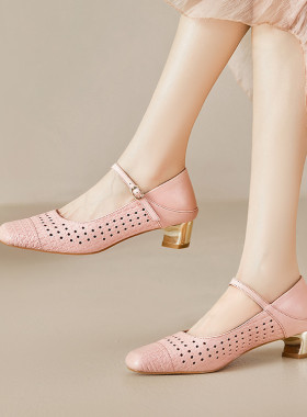 方头粗跟夏季法式米白色粉红色镂空玛丽珍鞋中跟真皮单鞋女 RJBM