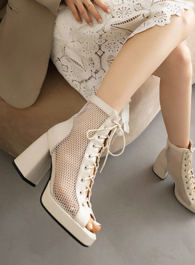 系带鱼嘴镂空网靴粗跟高跟罗马凉鞋女短筒凉靴红色米白色大码 XYJ