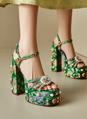 欧美外贸防水台增高绿色金色绸缎超高跟女法式名媛性感凉鞋女 MK